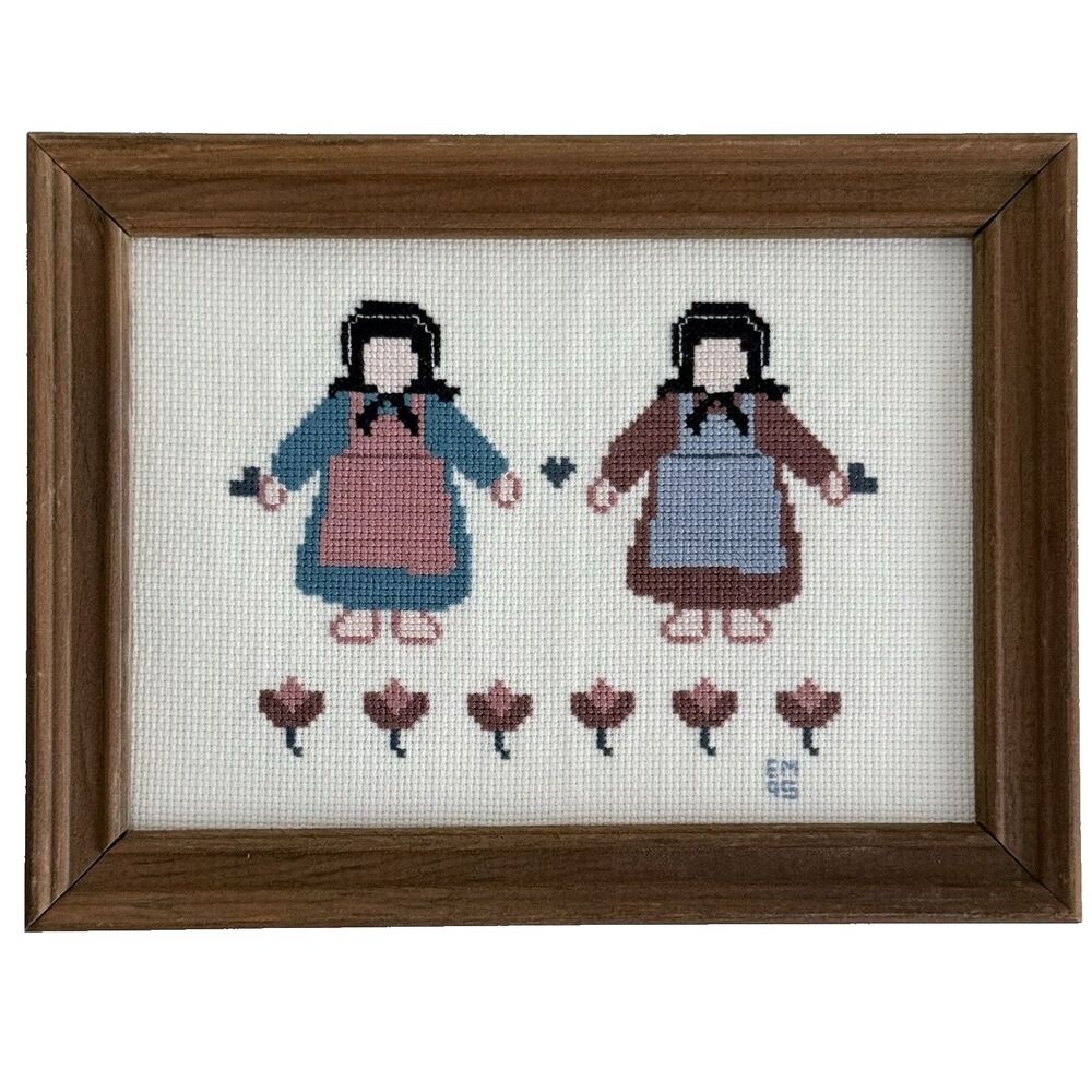 VTG 90s Amish Folk Art Framed Cross Stitch Needlepoint Friends Cottagecore 6”x8”